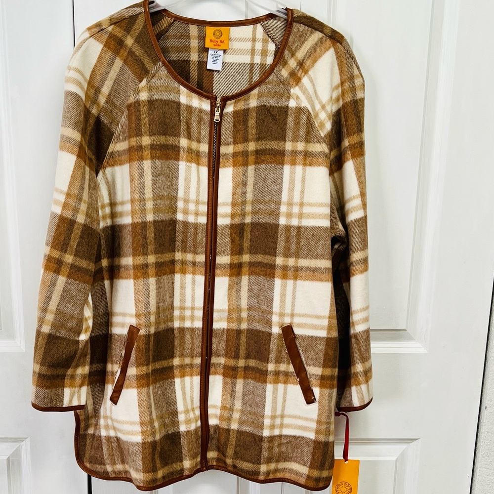 Ruby Rd Act National Oatmeal Plaid Jacket Plus Size 1X NWT